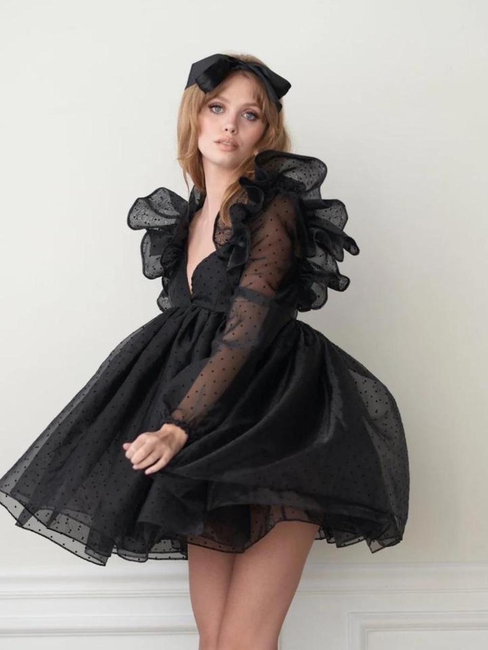 NWT Selkie Sugarfrill Black Caviar Sheer Polka Dot Ruffle Mini Dress L